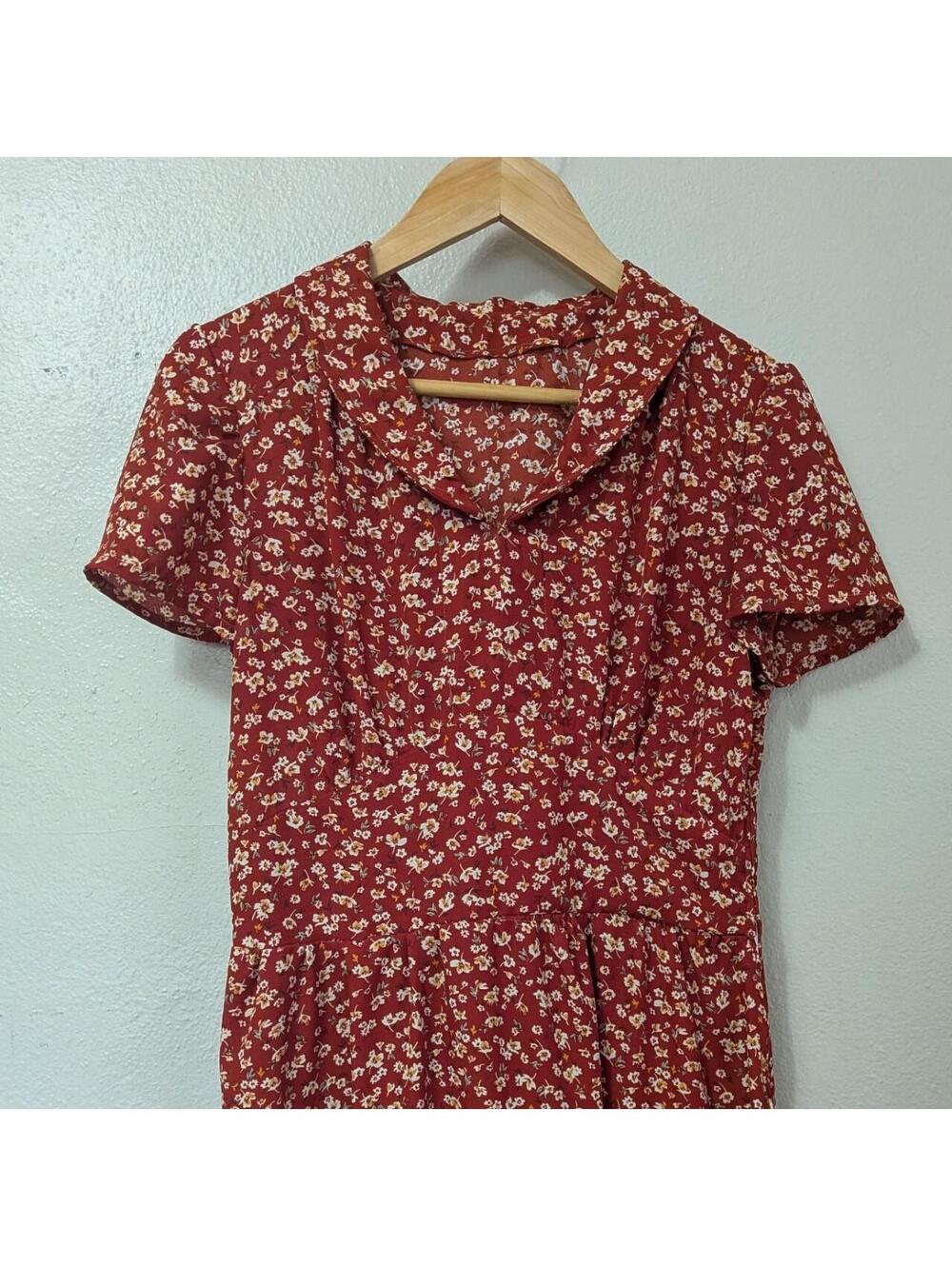 1970s Handmade Rust Ditsy Floral Drop Waist Midi Dress One Of A Kind -Small